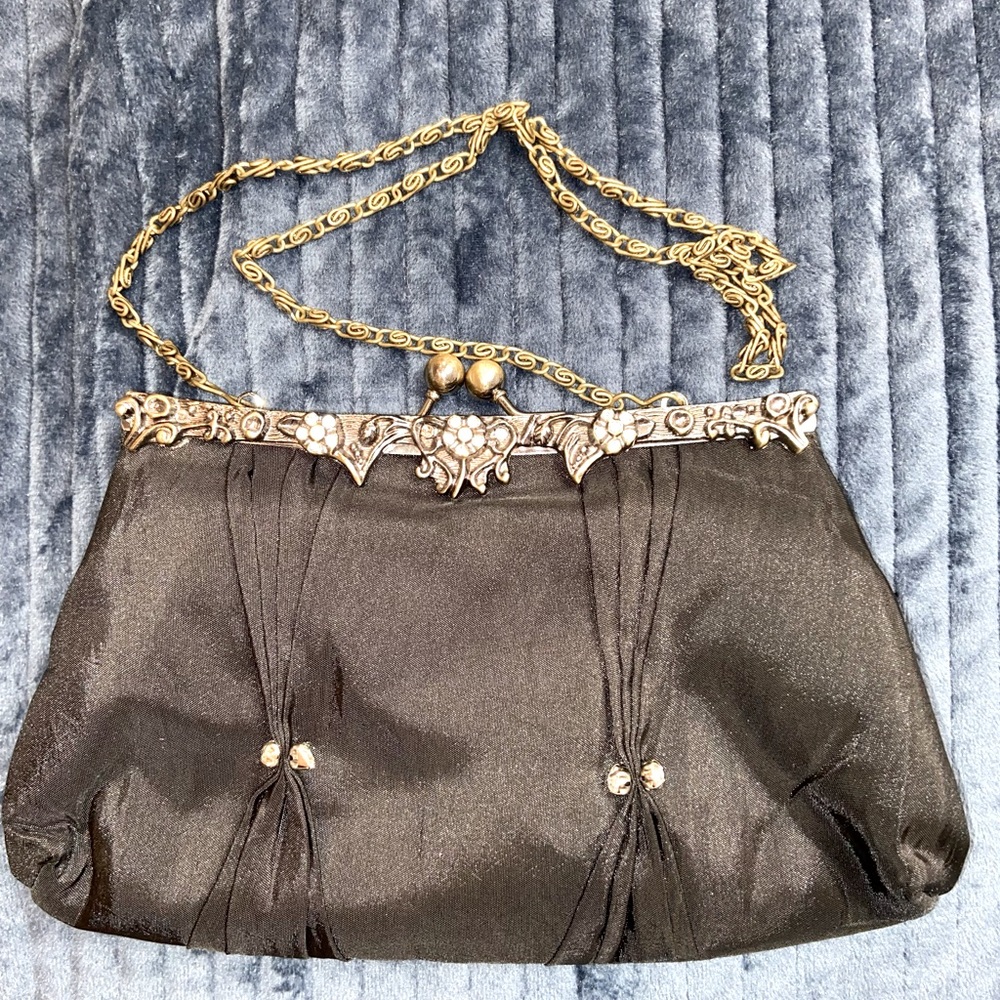 Vintage Black Satin Kiss Lock Closure Clutch With Rhinestone Accents